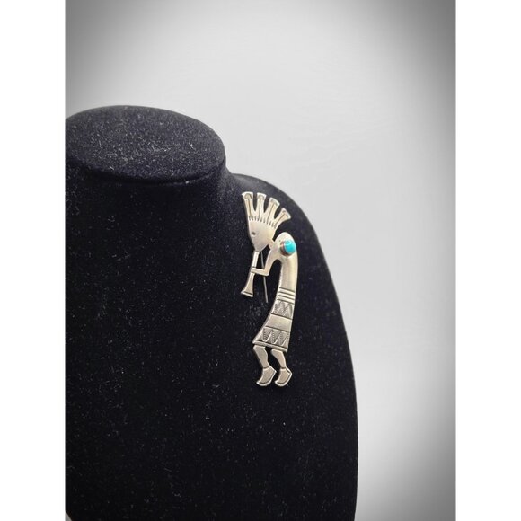 Vintage Sterling Silver Turquoise Kokopelli Brooch Indigenous 3" EP Marked - Picture 6 of 7
